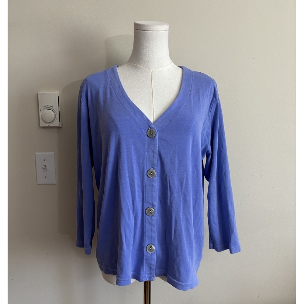 Fresh Produce Button Front V Neck Cardigan Perwinkle Purple Cotton Large *Flaw